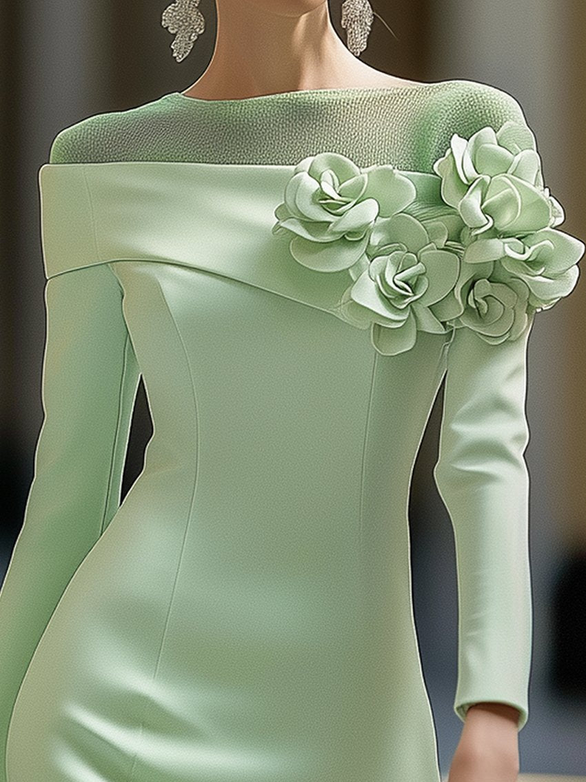 Shipping Light Green Midi Pencil Dress With Mesh And 3D Flower Decoration