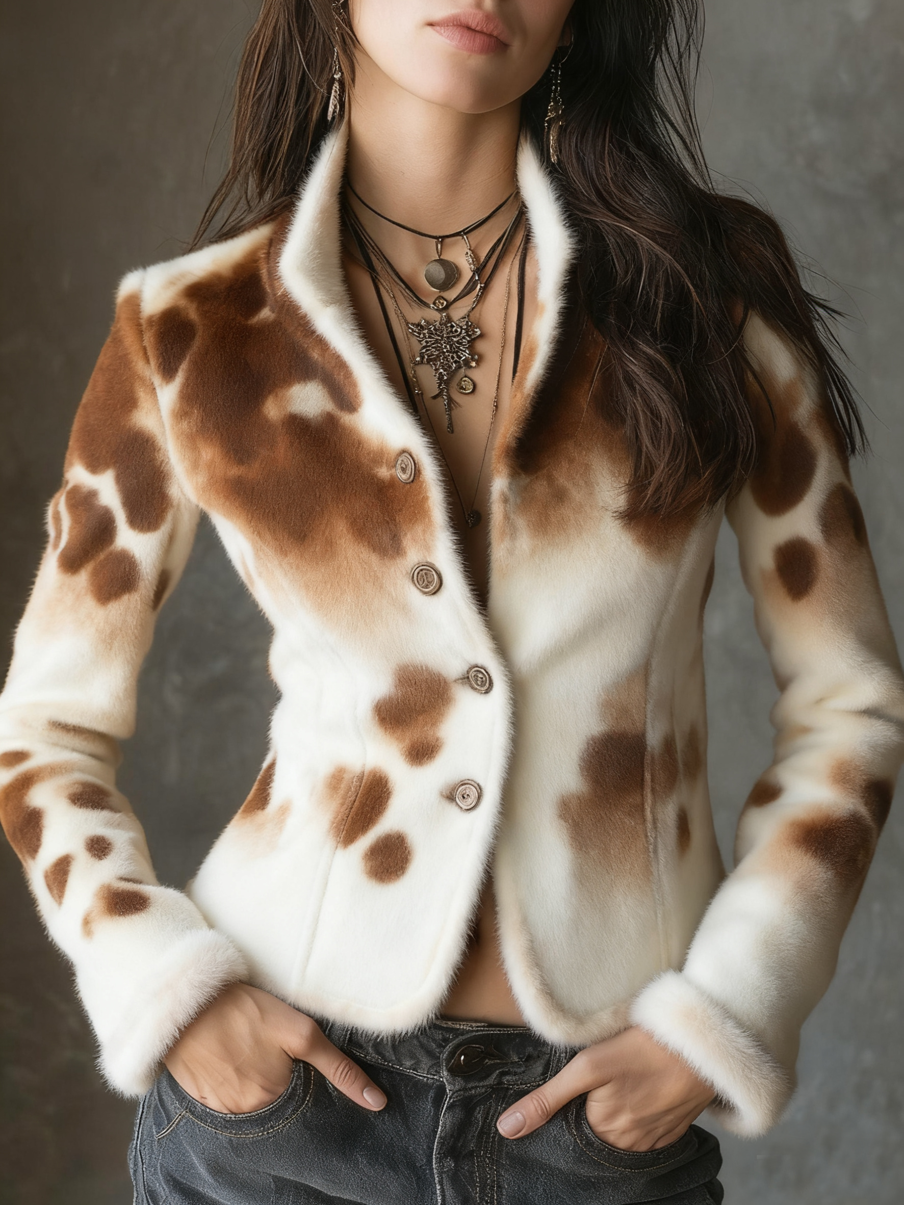 Vintage stand-up collar print fitted jacket