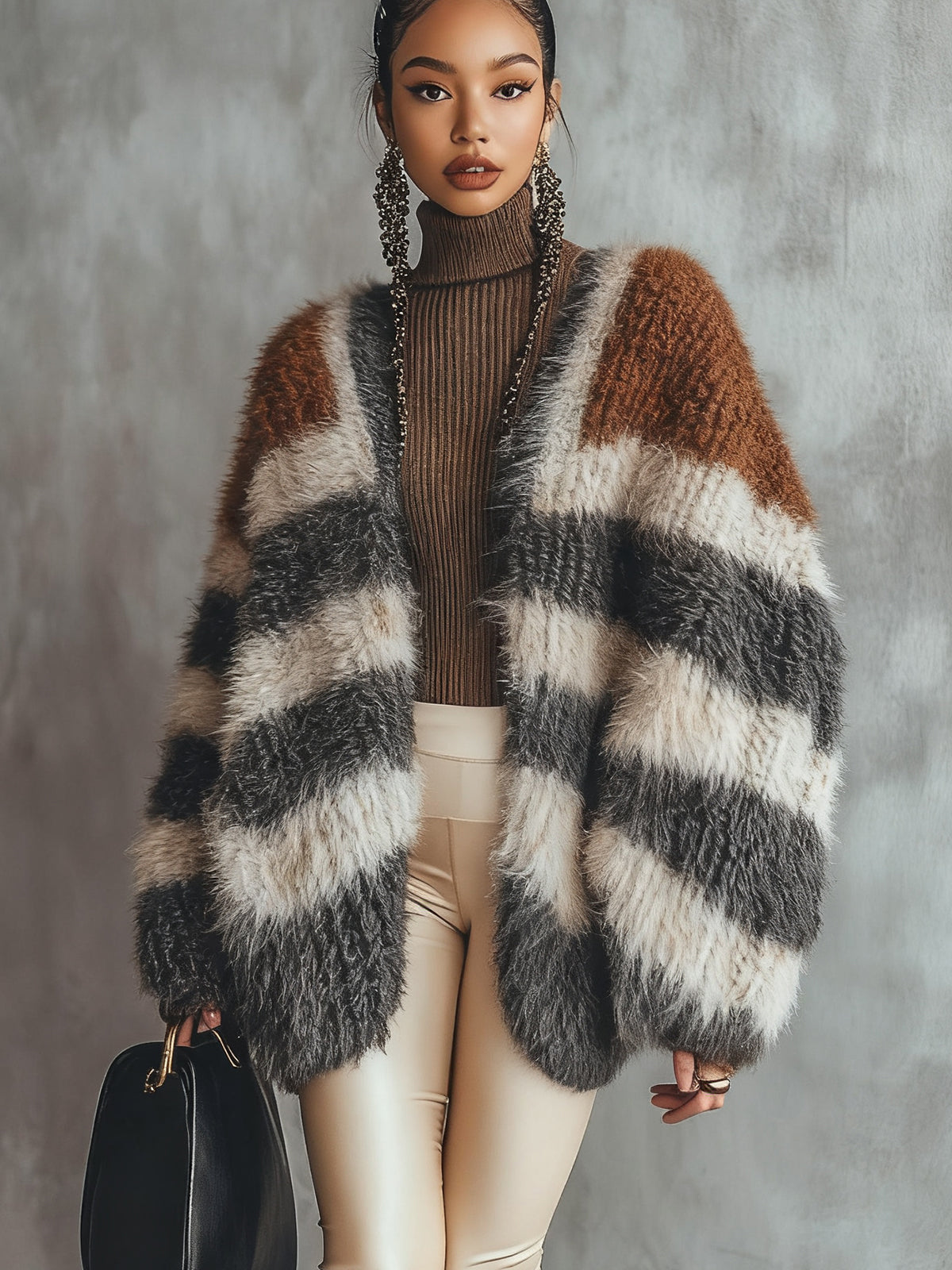 Colorblock Striped Furry Knit Cardigan