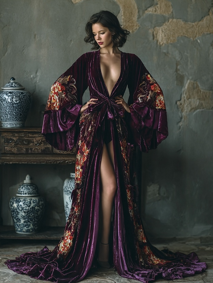Women's Retro Fit Purple Velvet Robe (belt Included)