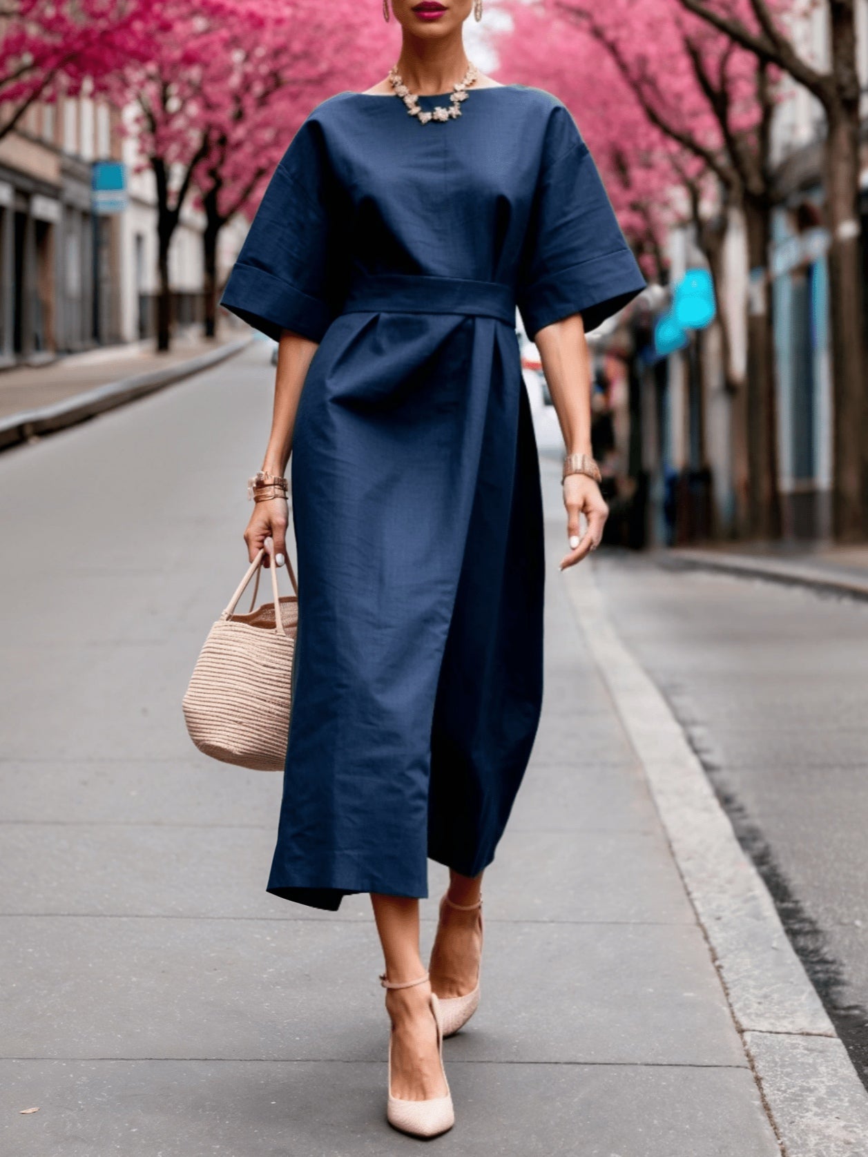 Linen Boat Neck Tie Loose Dress