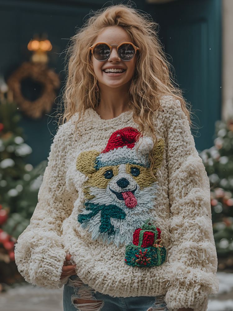 Vintage Cozy Cute Corgi Christmas Chunky Knit Sweater