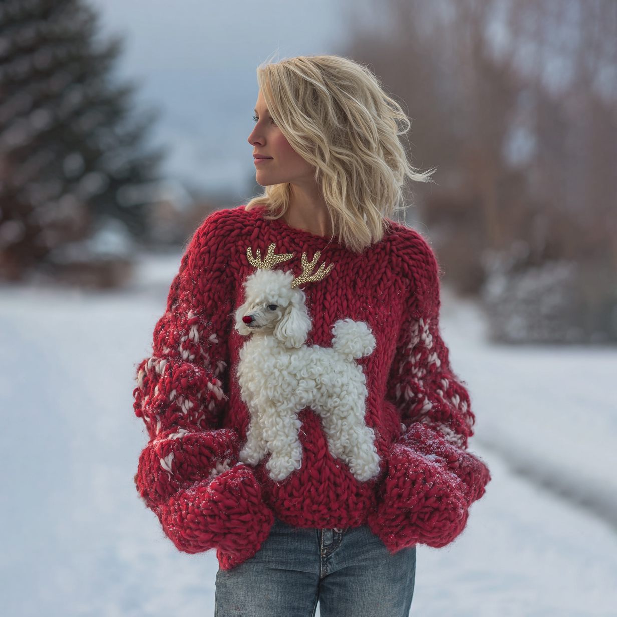Poodle Puppy Disguised As Reindeer Christmas Chunky Knit Sweater