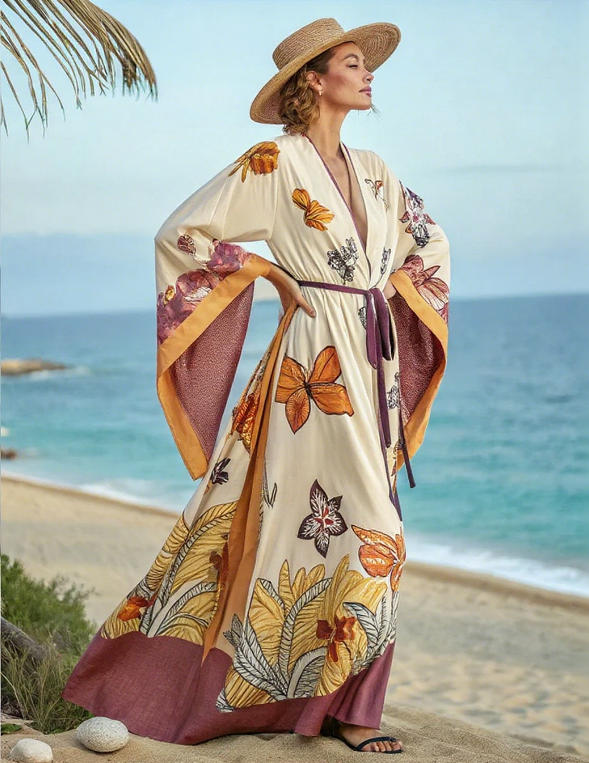 Artistic floral seaside resort pattern kimono robe (with belt)
