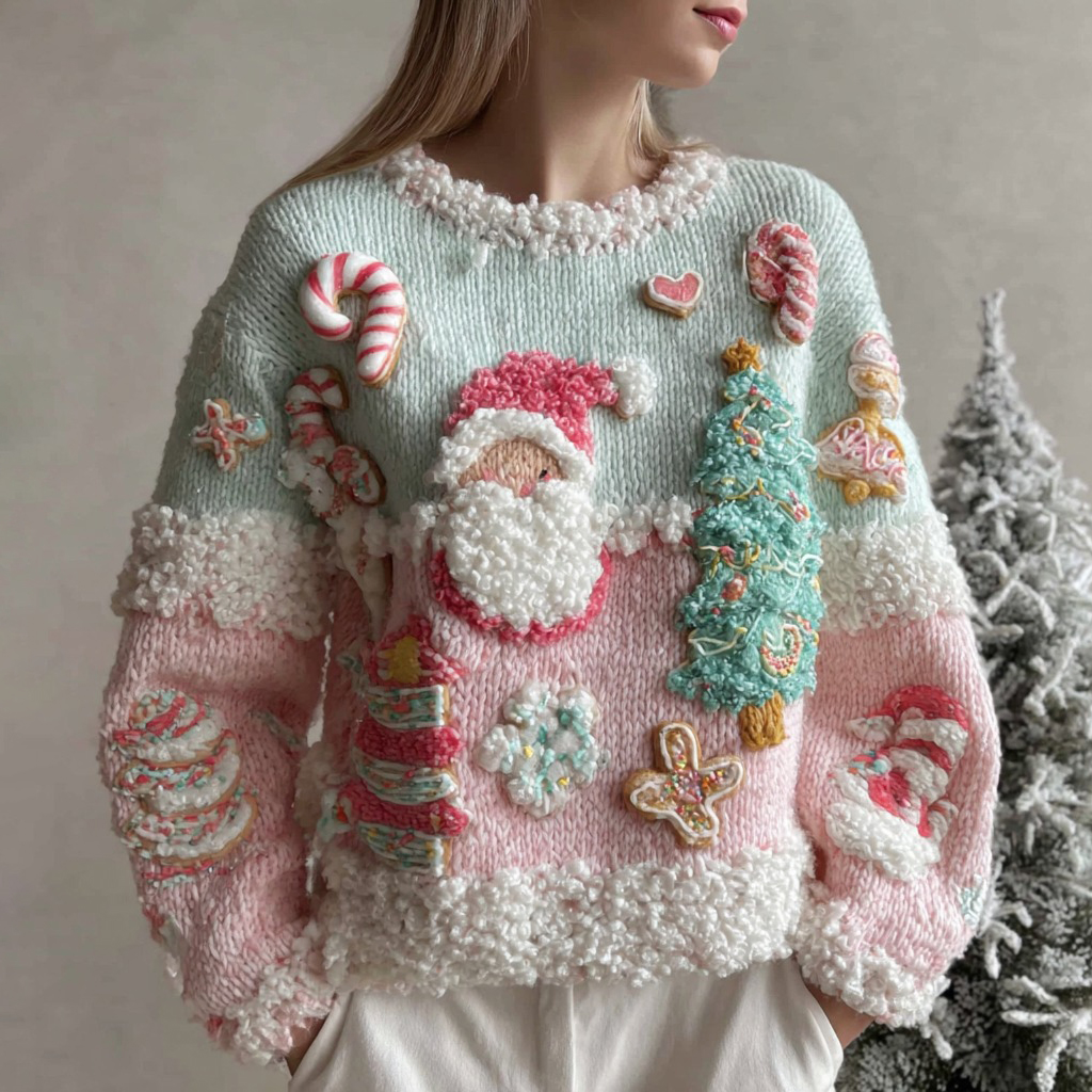 Women's Christmas Candy Embroidery Crew Neck Sweater