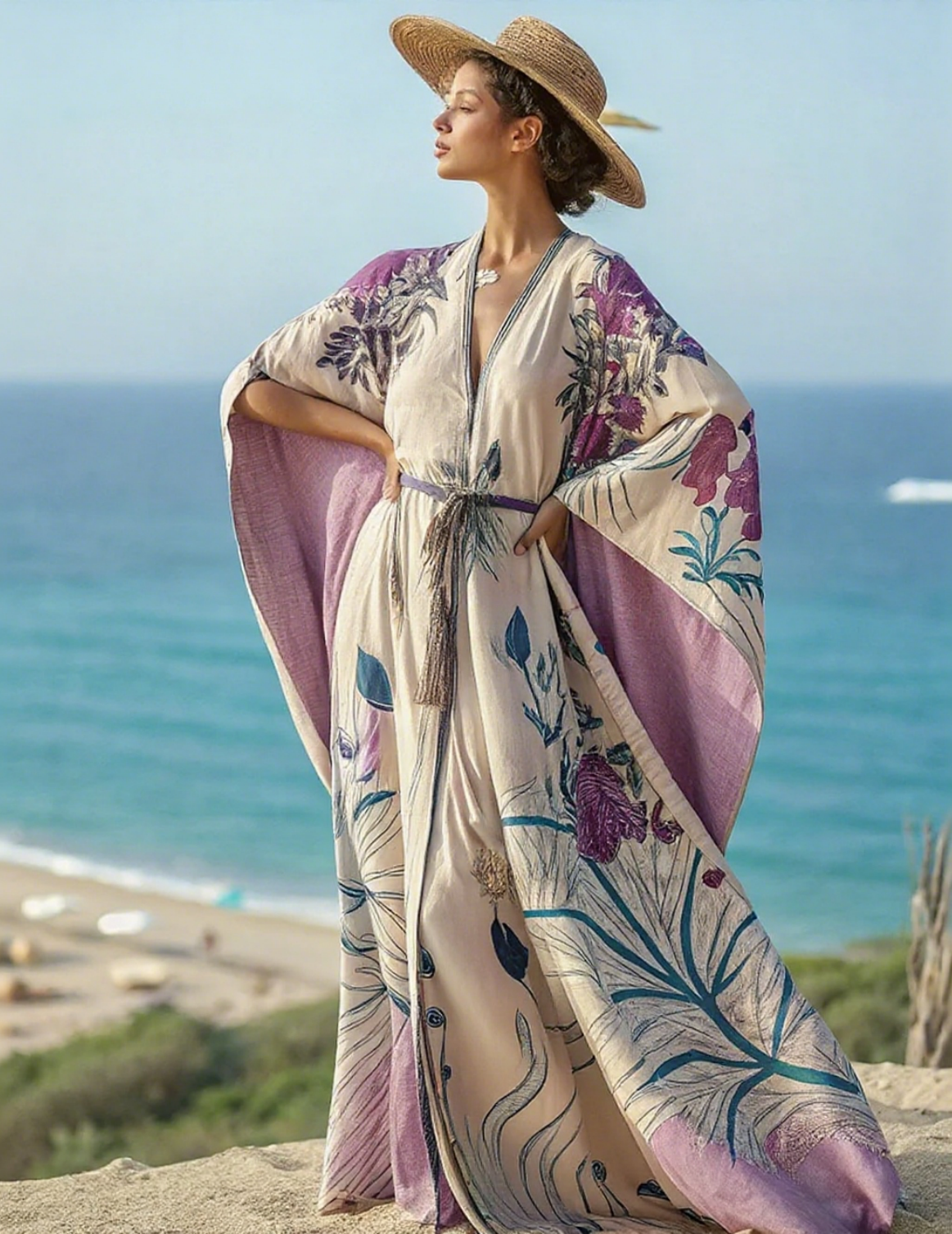 Artistic floral seaside resort pattern kimono robe (with belt)