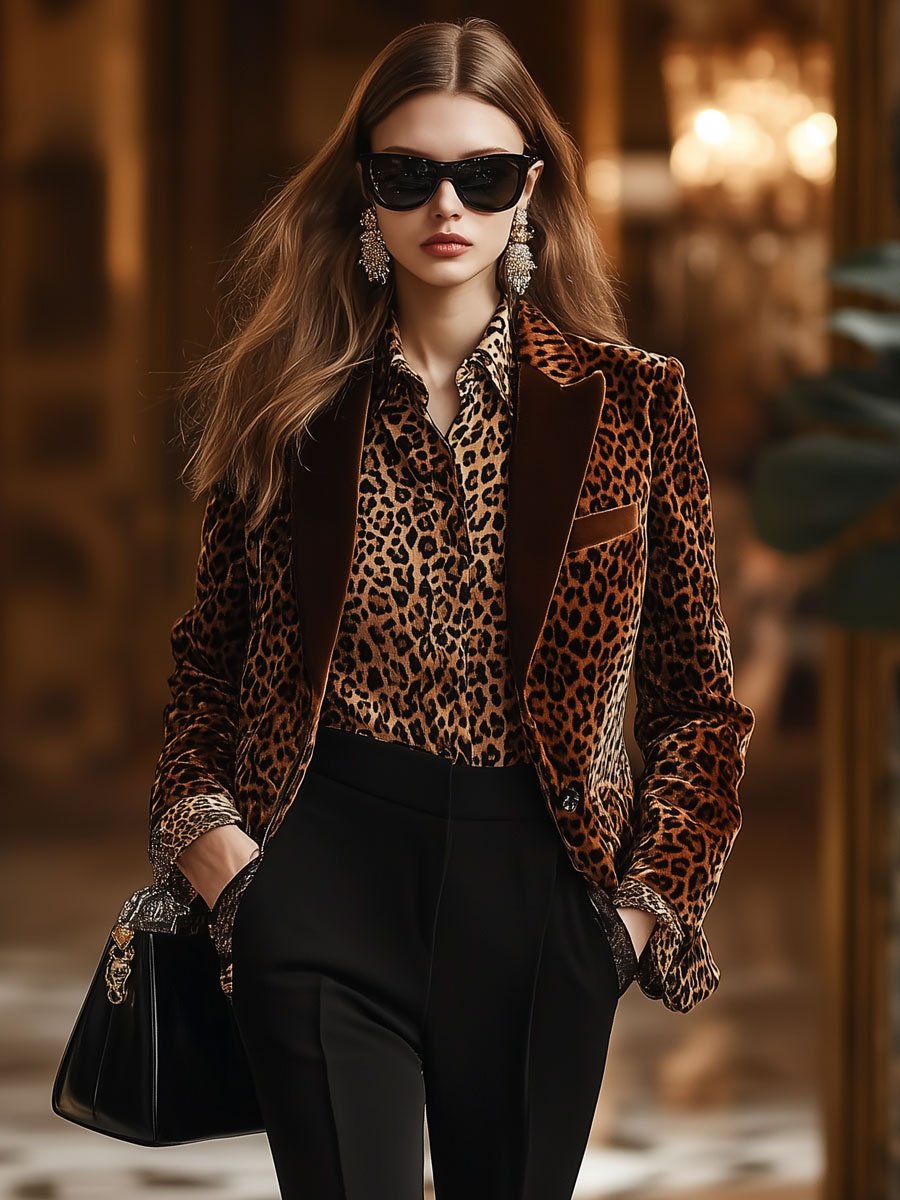 Casual Loose Retro Velvet Leopard Print Collar Blazer