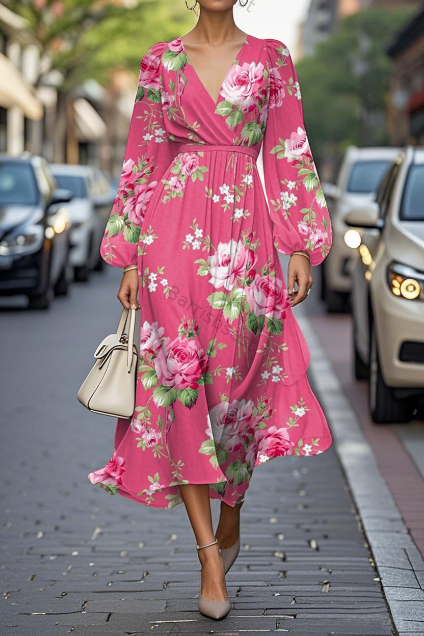 Elegant Rose Print Lantern Sleeve V-Neck A-Line Midi Chiffon Dress