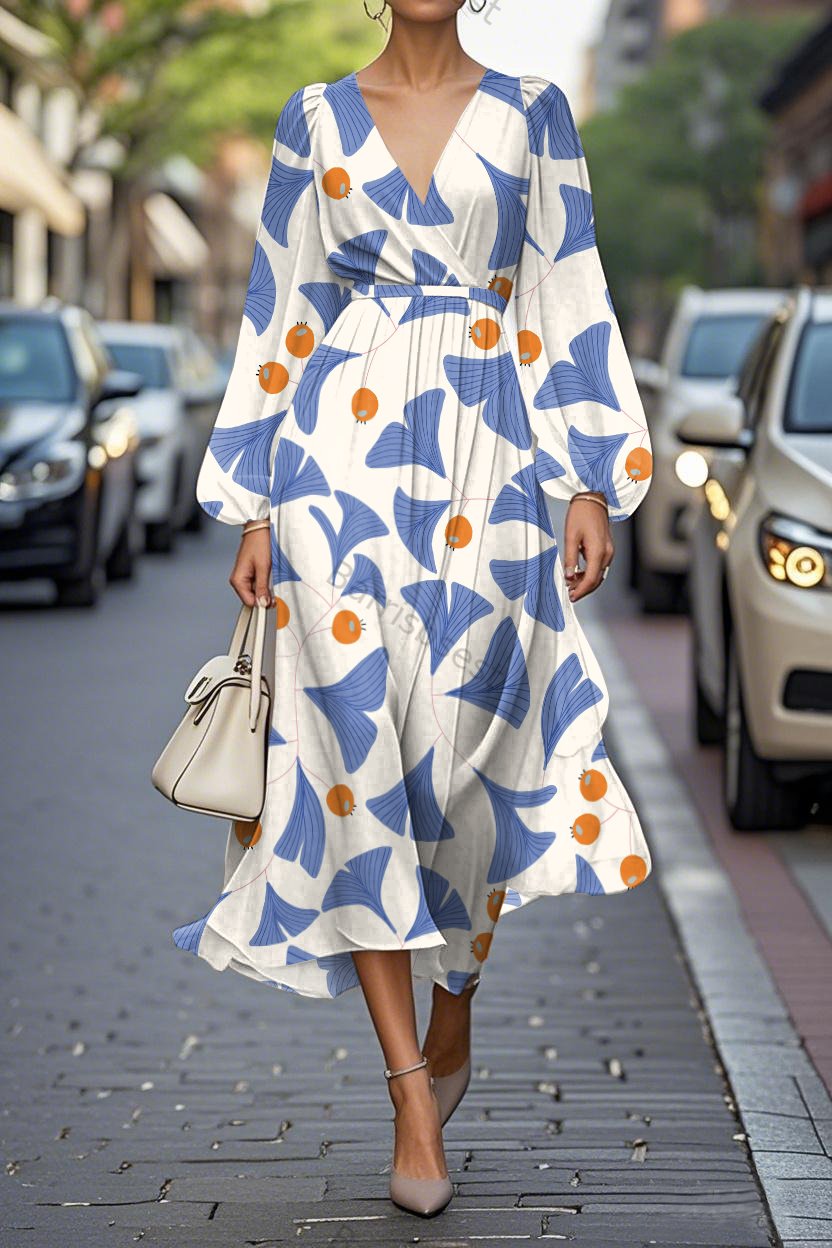 Elegant Ginkgo Print Lantern Sleeve V-Neck A-Line Midi Chiffon Dress
