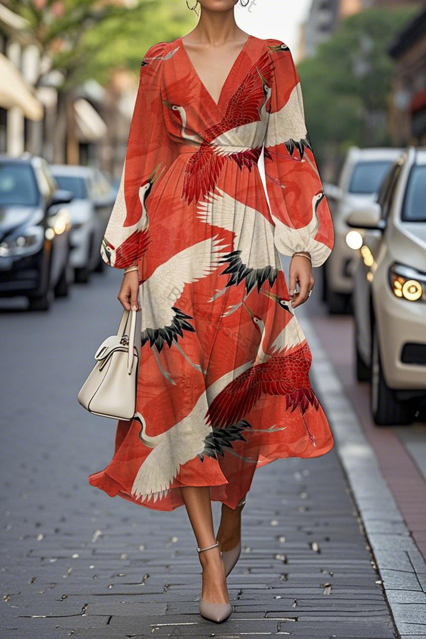 Elegant Crane Print Lantern Sleeve V-Neck Midi Chiffon Dress