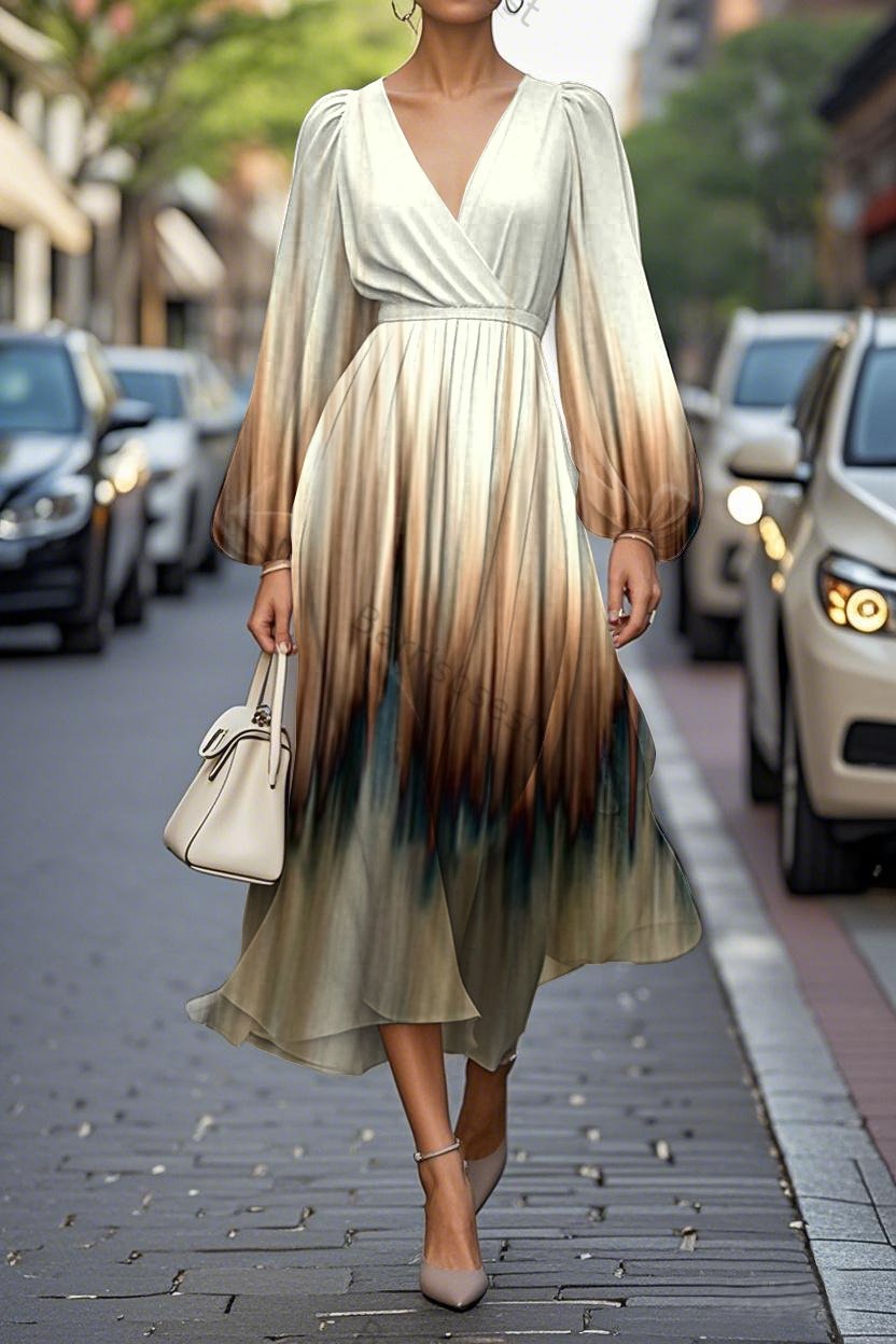 Elegant Abstract Print Lantern Sleeve V-Neck Midi Chiffon Dress