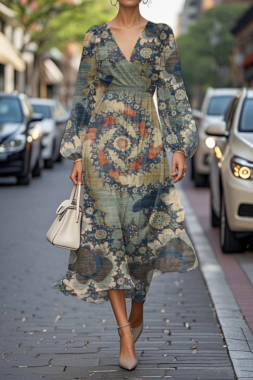 Vintage Art Print Balloon Sleeve V-Neck A-Line Midi Chiffon Dress