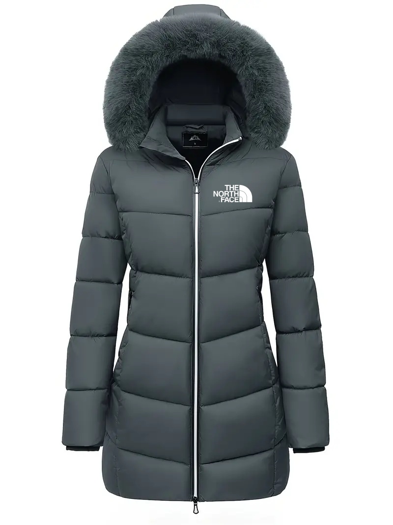  TNF®-Zipper Fur Lined Hooded Down Jacket Casual Warm Long Sleeve Fur Lined Warm Autumn and Winter Women's Clothing