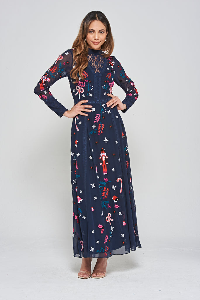 Navy Christmas Embroidered Maxi Dress with Lace Panels