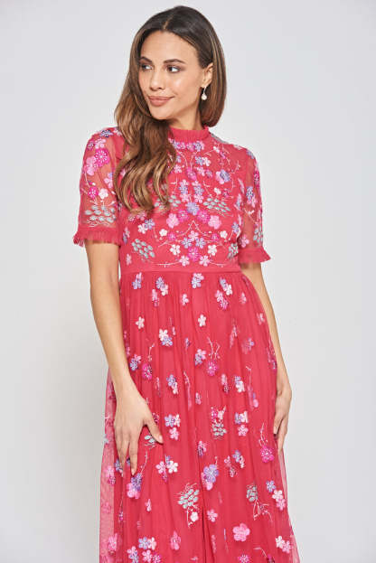 Crimson Floral Embroidered Maxi Dress
