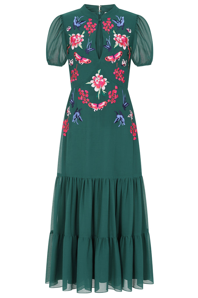 Green Floral Embroidered Midi Dress
