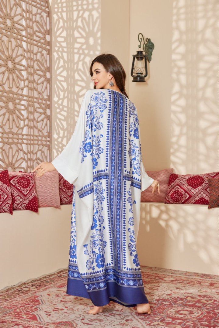 Persian Weave Middle Eastern Kaftan, Blue-White Floral Printed Modest Loungewear