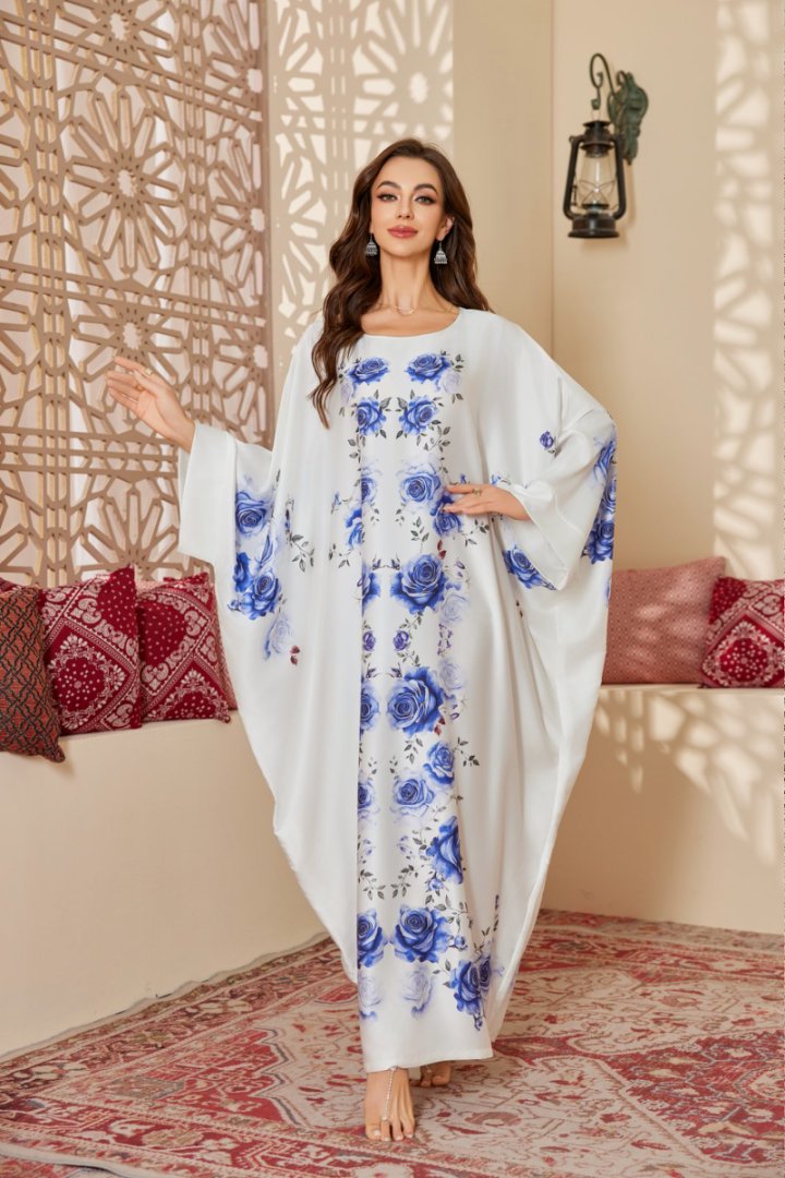 Moonlit Star Middle Eastern Kaftan, Blue Rose-Printed Modest Loungewear with Night Sky Charm