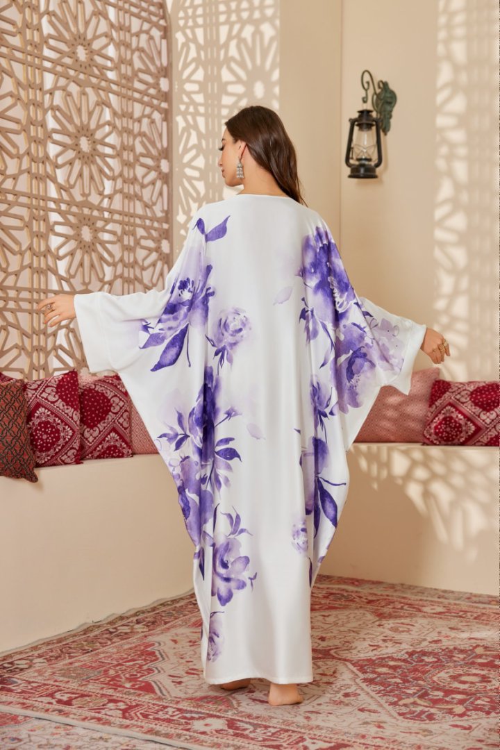 Arabian Dream Middle Eastern Kaftan, Purple Floral-Printed Modest Loungewear with Mystic Charm