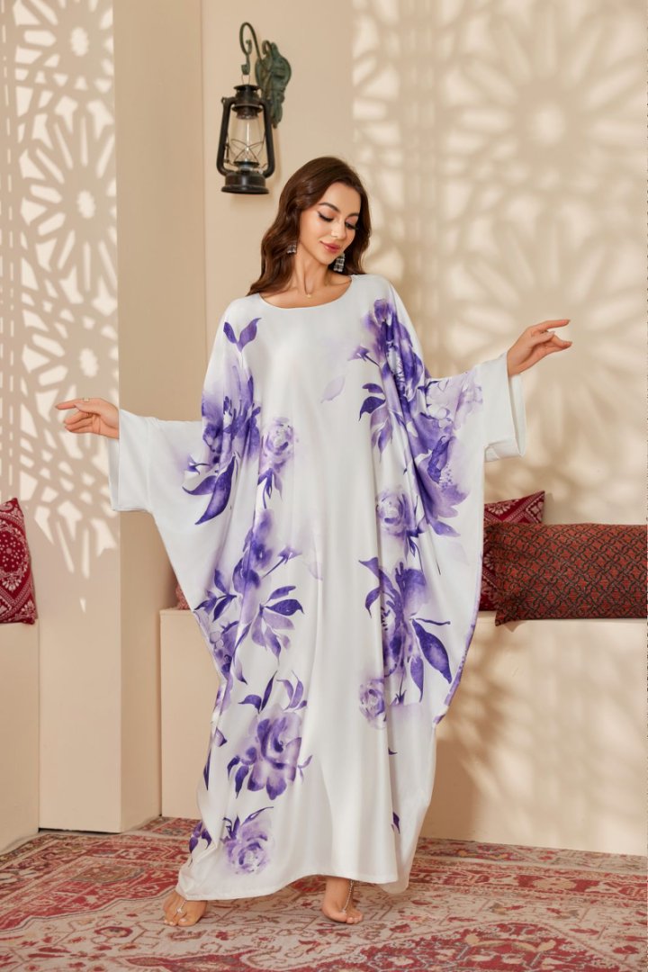 Arabian Dream Middle Eastern Kaftan, Purple Floral-Printed Modest Loungewear with Mystic Charm