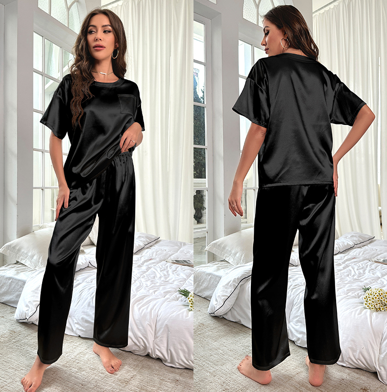 PureEase Satin Lounge Set – Short Sleeve T-shirt & Relaxed Pants, Solid Color Sleepwear Set