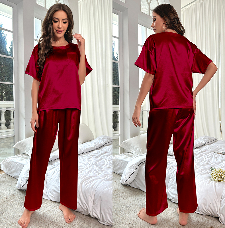 PureEase Satin Lounge Set – Short Sleeve T-shirt & Relaxed Pants, Solid Color Sleepwear Set