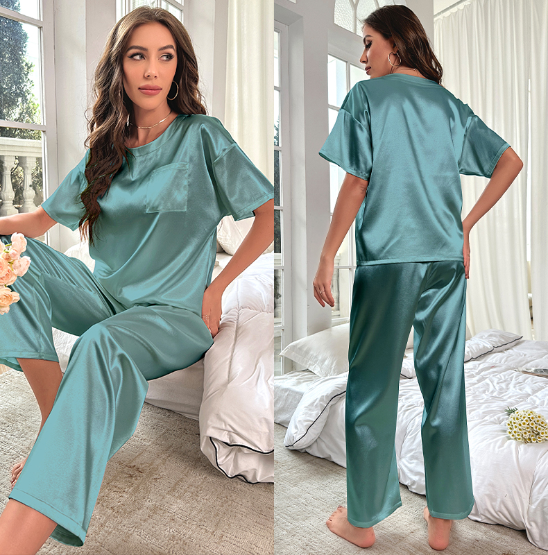 PureEase Satin Lounge Set – Short Sleeve T-shirt & Relaxed Pants, Solid Color Sleepwear Set