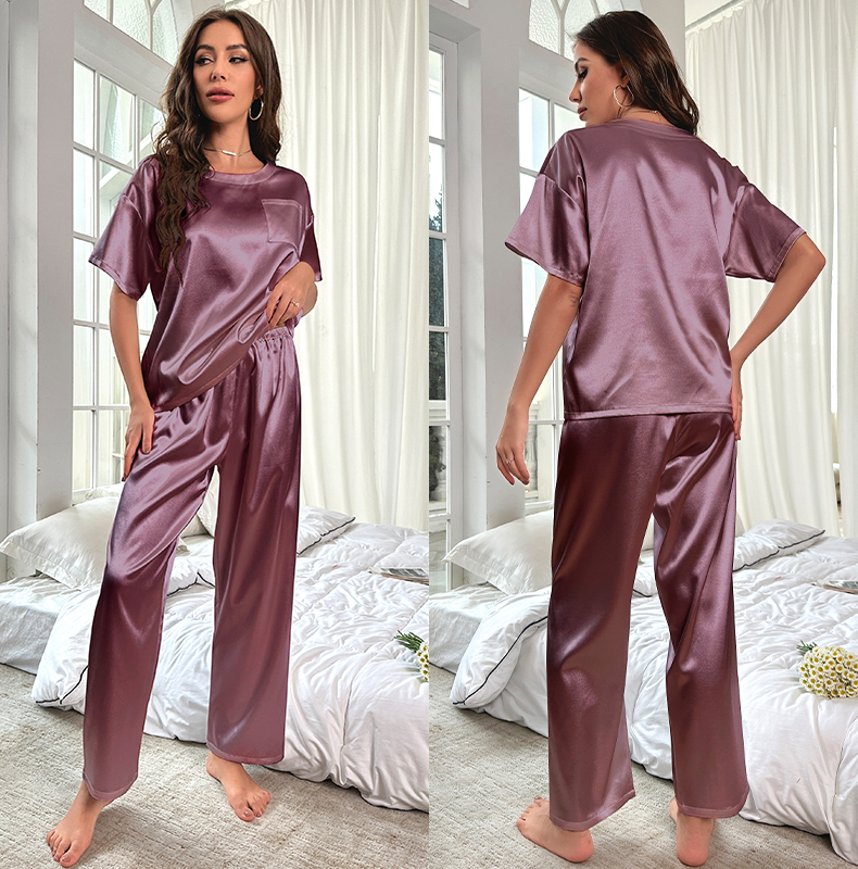 PureEase Satin Lounge Set – Short Sleeve T-shirt & Relaxed Pants, Solid Color Sleepwear Set