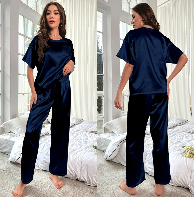 PureEase Satin Lounge Set – Short Sleeve T-shirt & Relaxed Pants, Solid Color Sleepwear Set