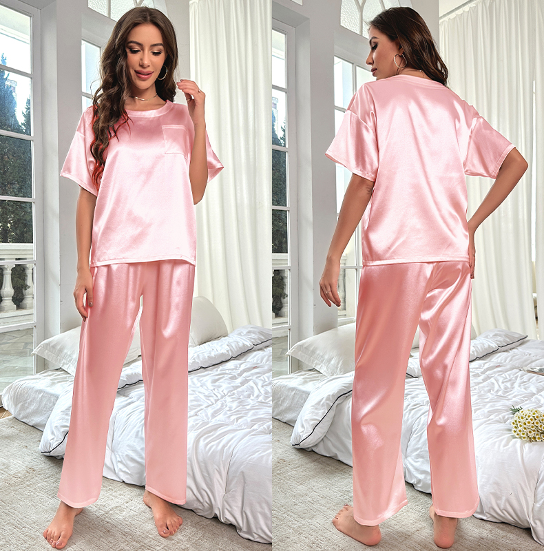 PureEase Satin Lounge Set – Short Sleeve T-shirt & Relaxed Pants, Solid Color Sleepwear Set