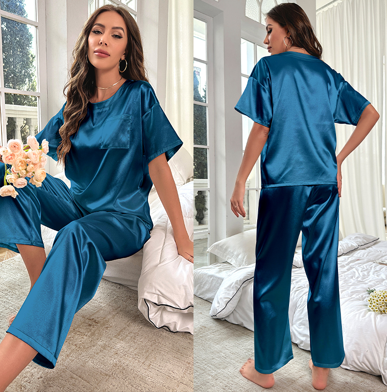 PureEase Satin Lounge Set – Short Sleeve T-shirt & Relaxed Pants, Solid Color Sleepwear Set