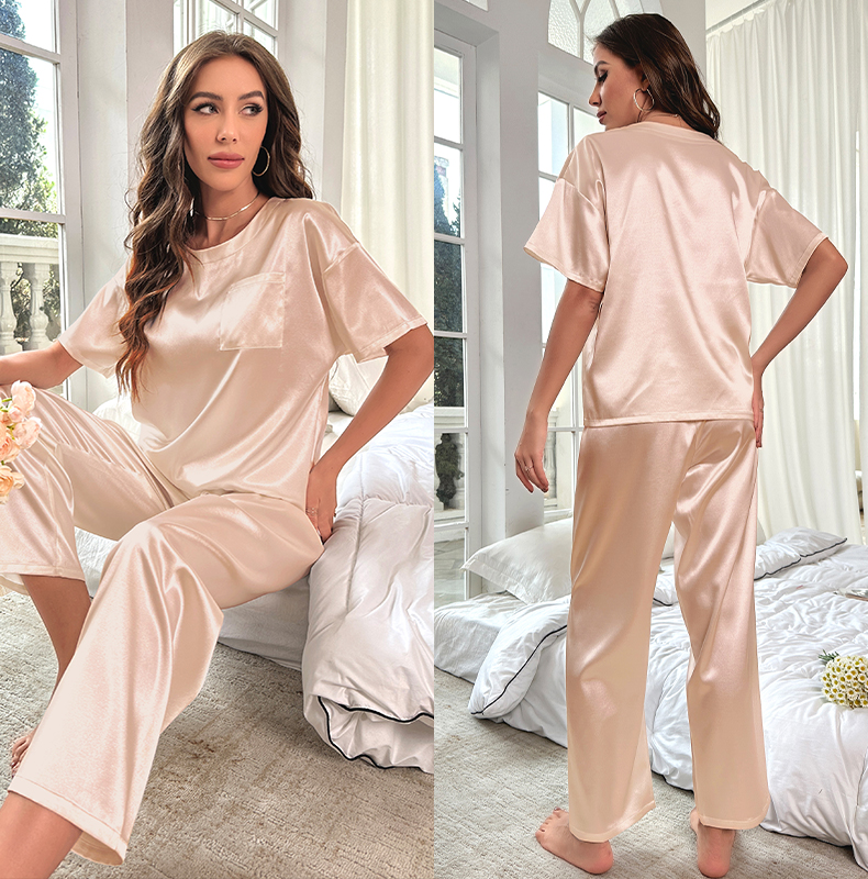 PureEase Satin Lounge Set – Short Sleeve T-shirt & Relaxed Pants, Solid Color Sleepwear Set