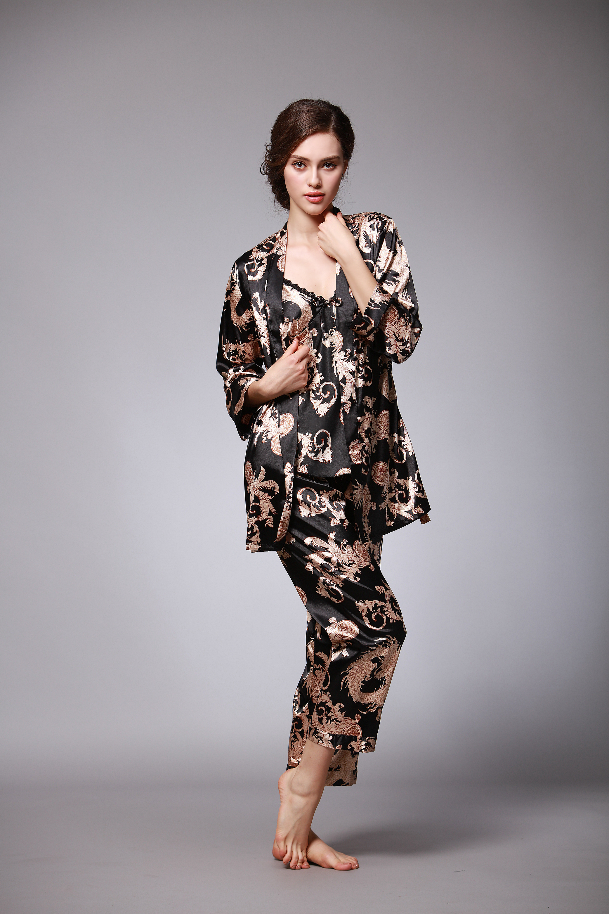 Ice silk pajamas for women, simple and casual spring and summer, dragon robe print loungewear