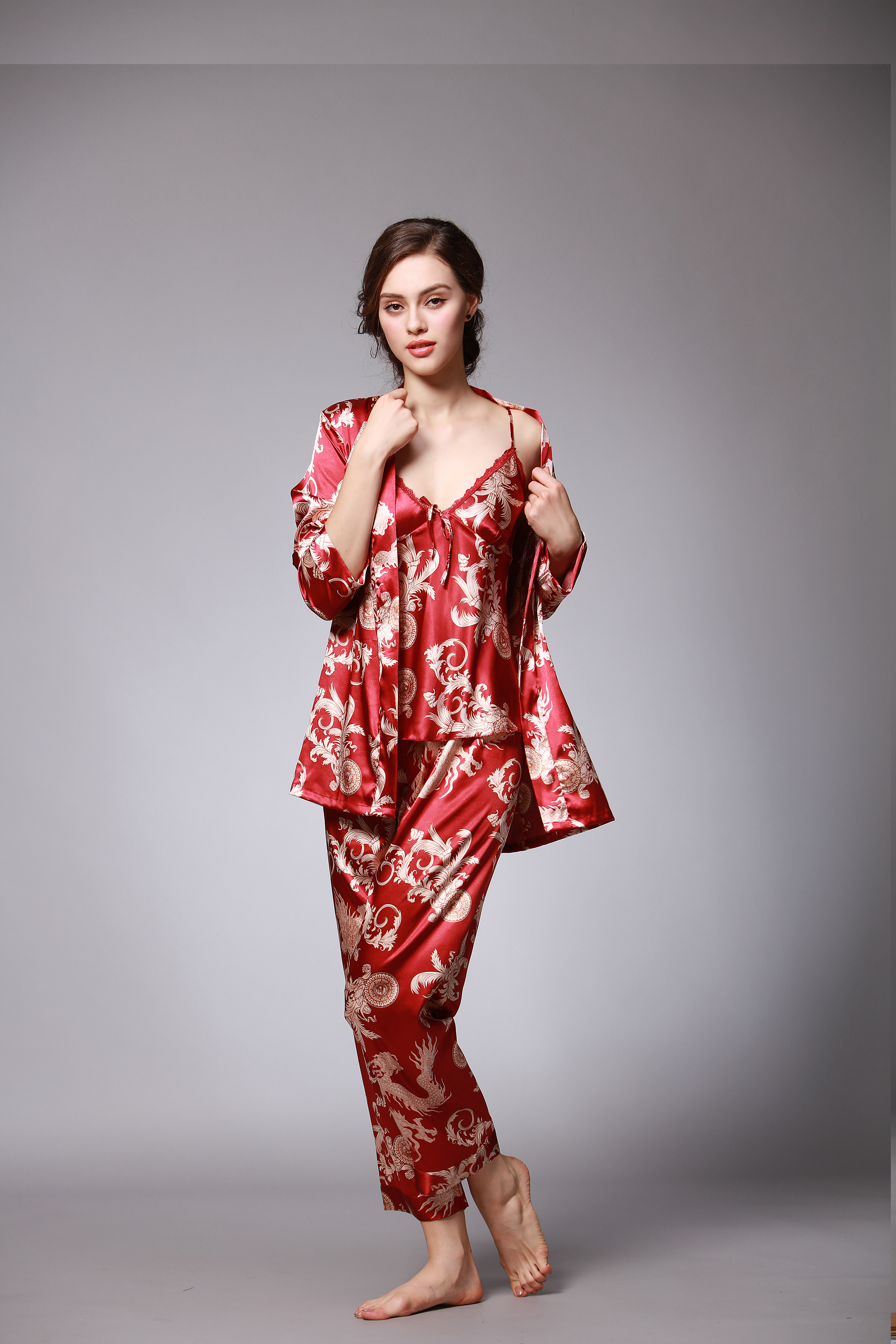 Ice silk pajamas for women, simple and casual spring and summer, dragon robe print loungewear