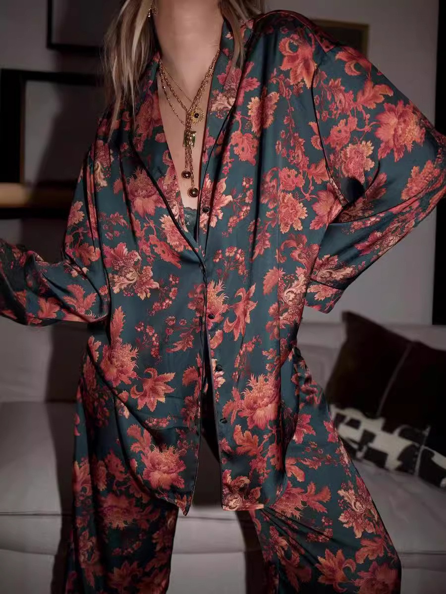 Dark Red Floral Silky Pajamas