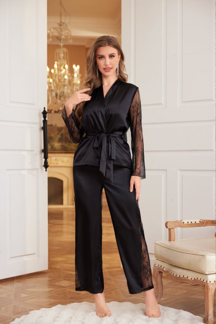 Black White Lace Satin Pajamas