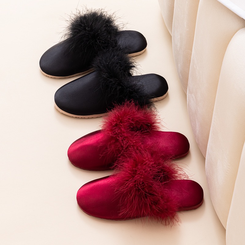 Feather Satin Lounge Slippers