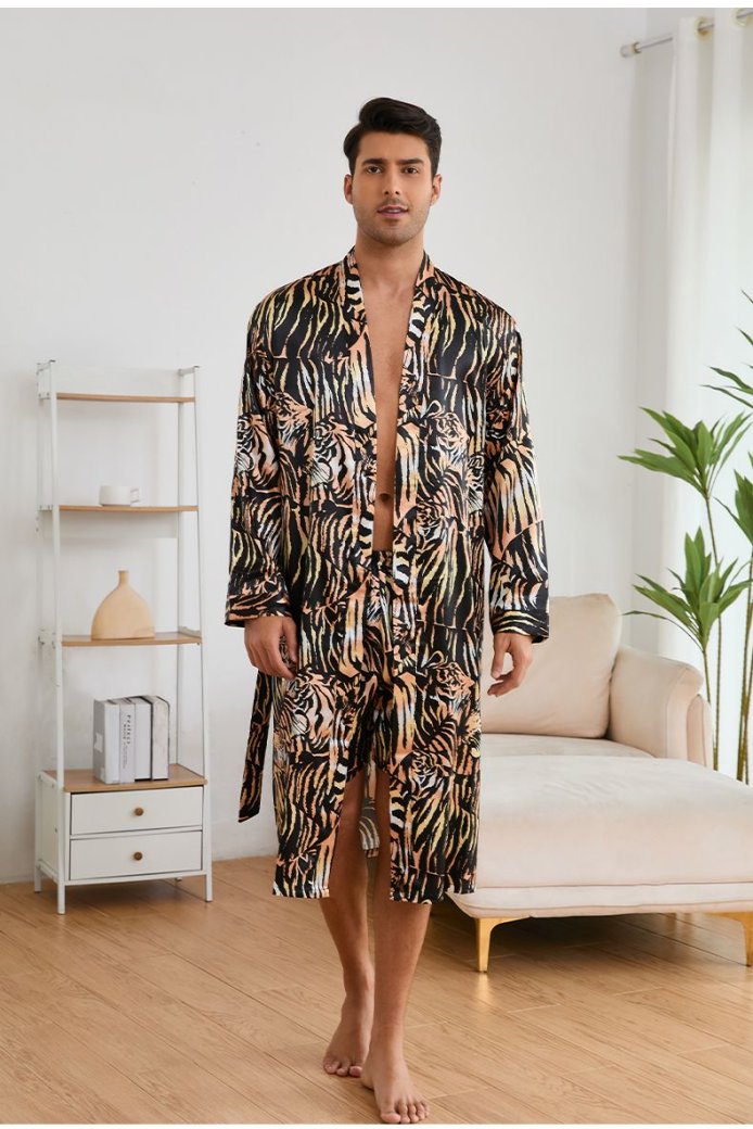  Leopard Print Long Sleeve Robe in Silk Satin and Ice Silk