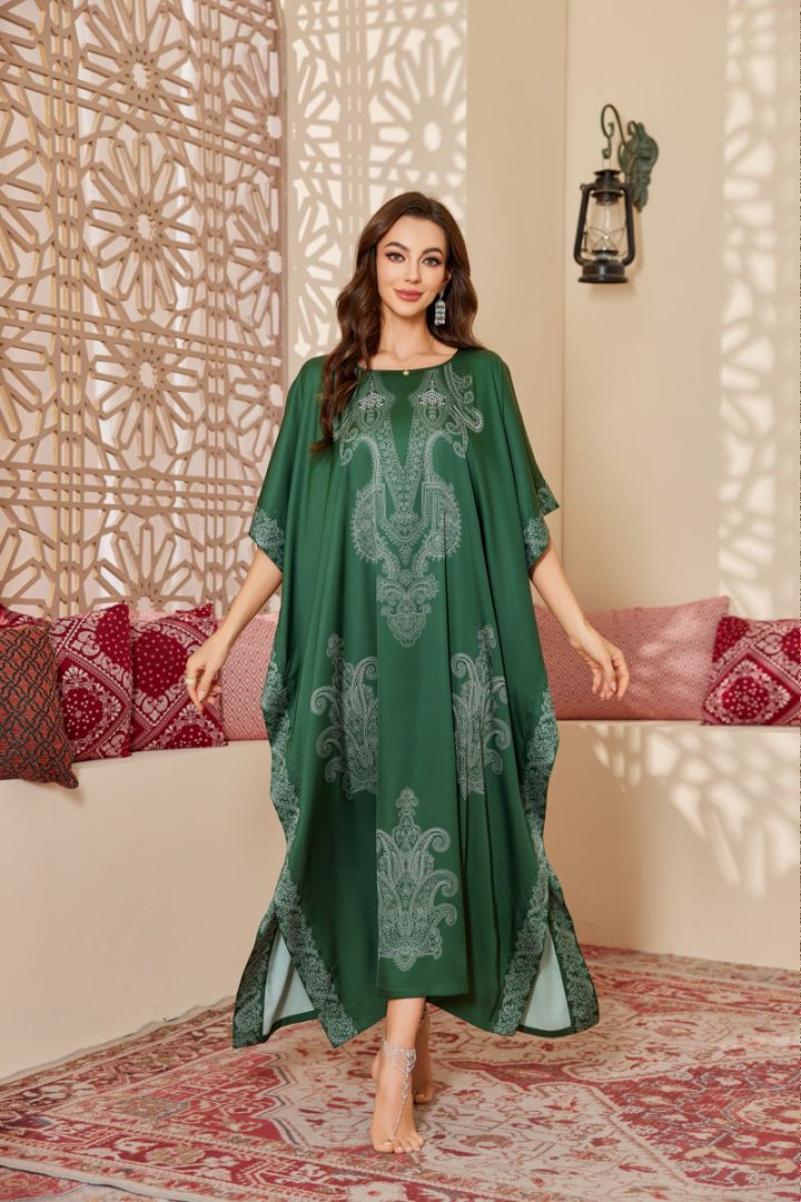 Blue & White Floral Printed Silk-like Maxi Kaftan