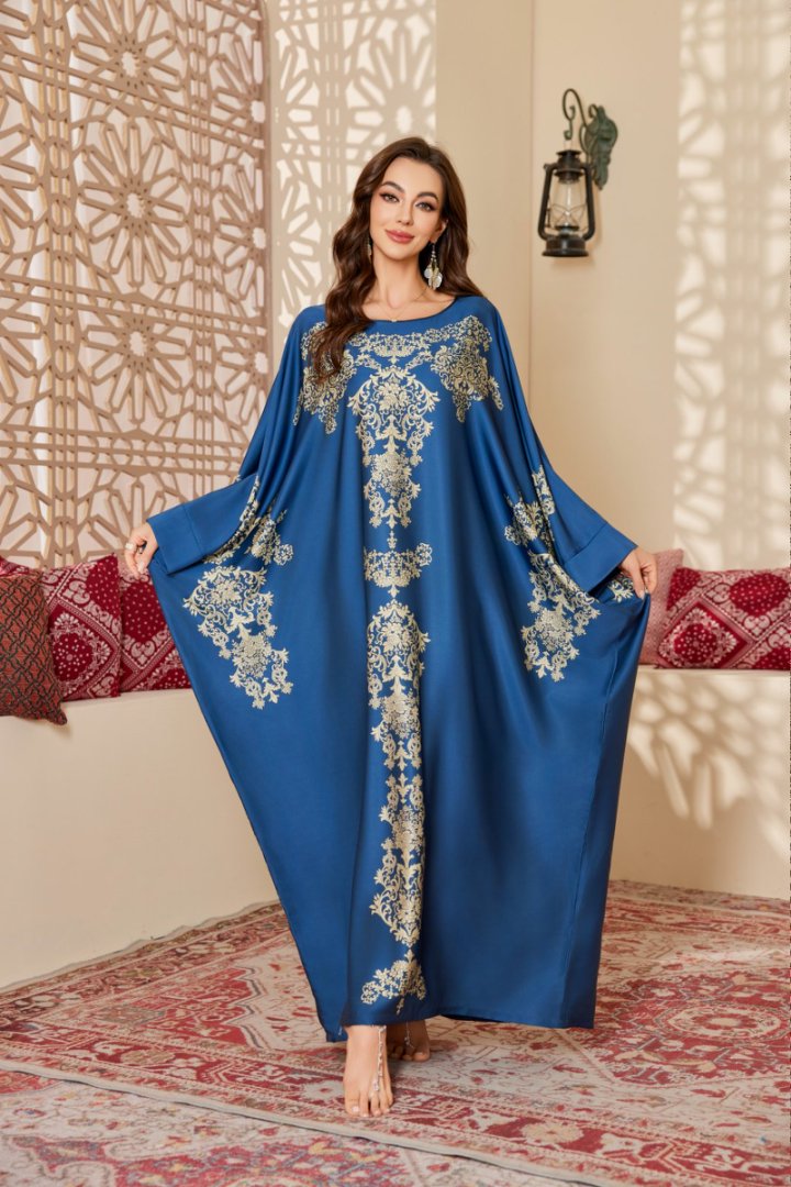 Azure Oasis Middle Eastern Kaftan, Gold-Embroidered Regal Modest Loungewear