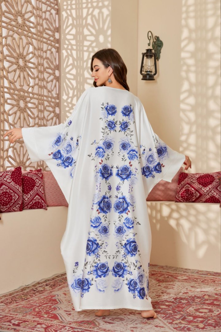 Moonlit Star Middle Eastern Kaftan, Blue Rose-Printed Modest Loungewear with Night Sky Charm