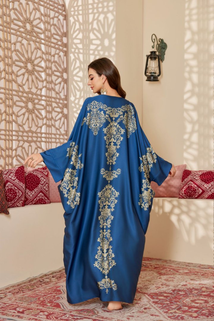 Azure Oasis Middle Eastern Kaftan, Gold-Embroidered Regal Modest Loungewear