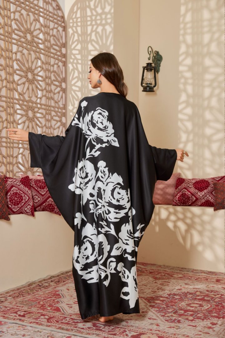 Elegant Floral Printed Satin Kaftan Pajama for Ladies, Luxurious & Stylish Loungewear