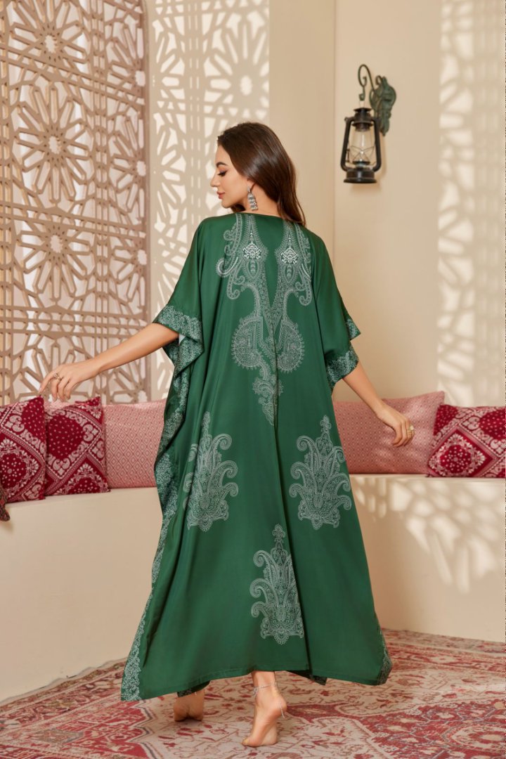 Blue & White Floral Printed Silk-like Maxi Kaftan