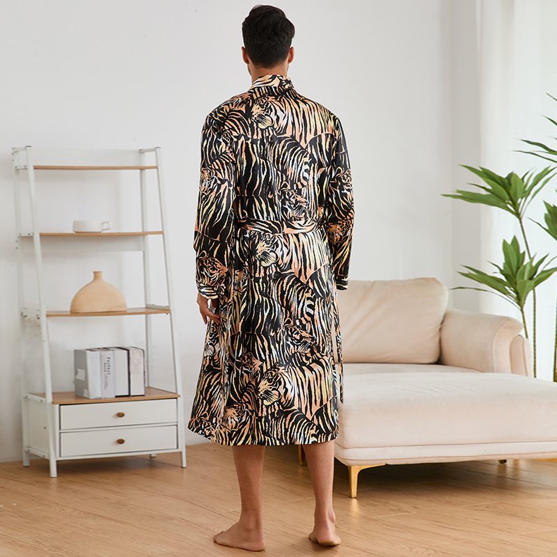  Leopard Print Long Sleeve Robe in Silk Satin and Ice Silk