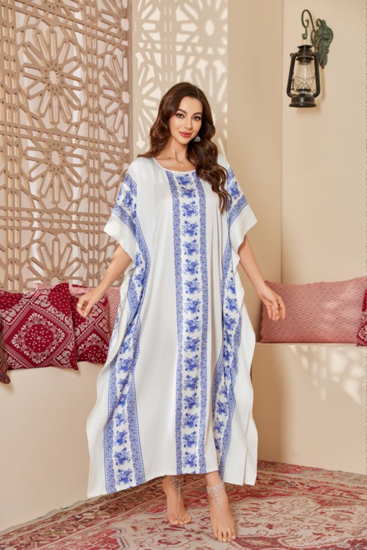 Blue & White Floral Printed Silk-like Maxi Kaftan