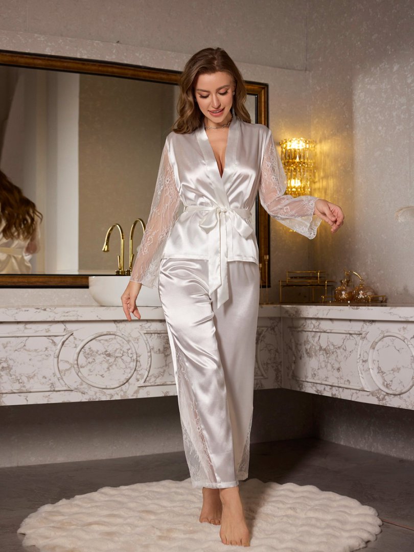 White Lace Satin Pajamas