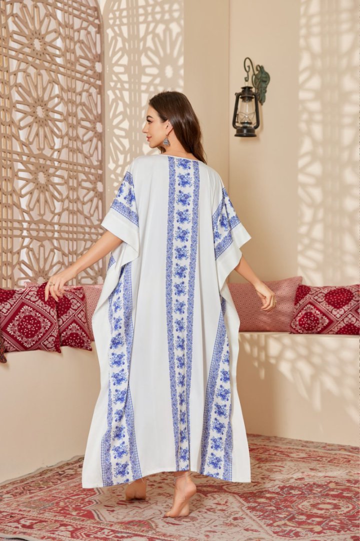 Blue & White Floral Printed Silk-like Maxi Kaftan