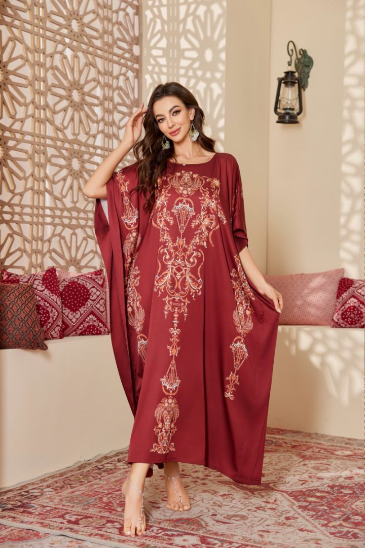 Blue & White Floral Printed Silk-like Maxi Kaftan