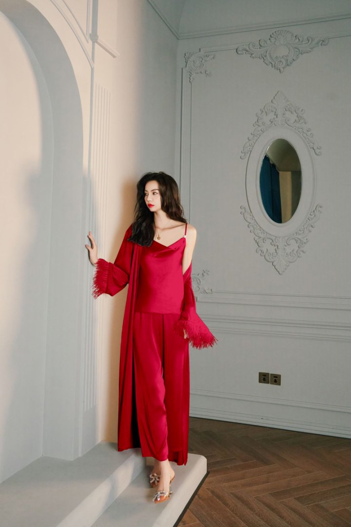 Pink Satin Feather Trim Pajama Set